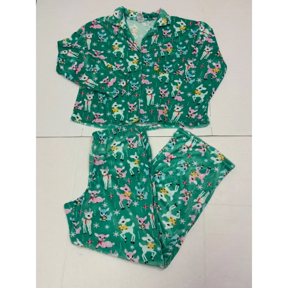 Holiday Time Pajama Set Womens M 8-10 Green Retro Reindeer Plush 2pc